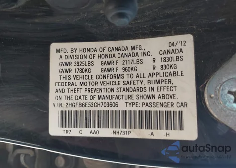 2012 Honda Civic Si z USA, uszkodzony, nr VIN 2HGFB6E53CH703606